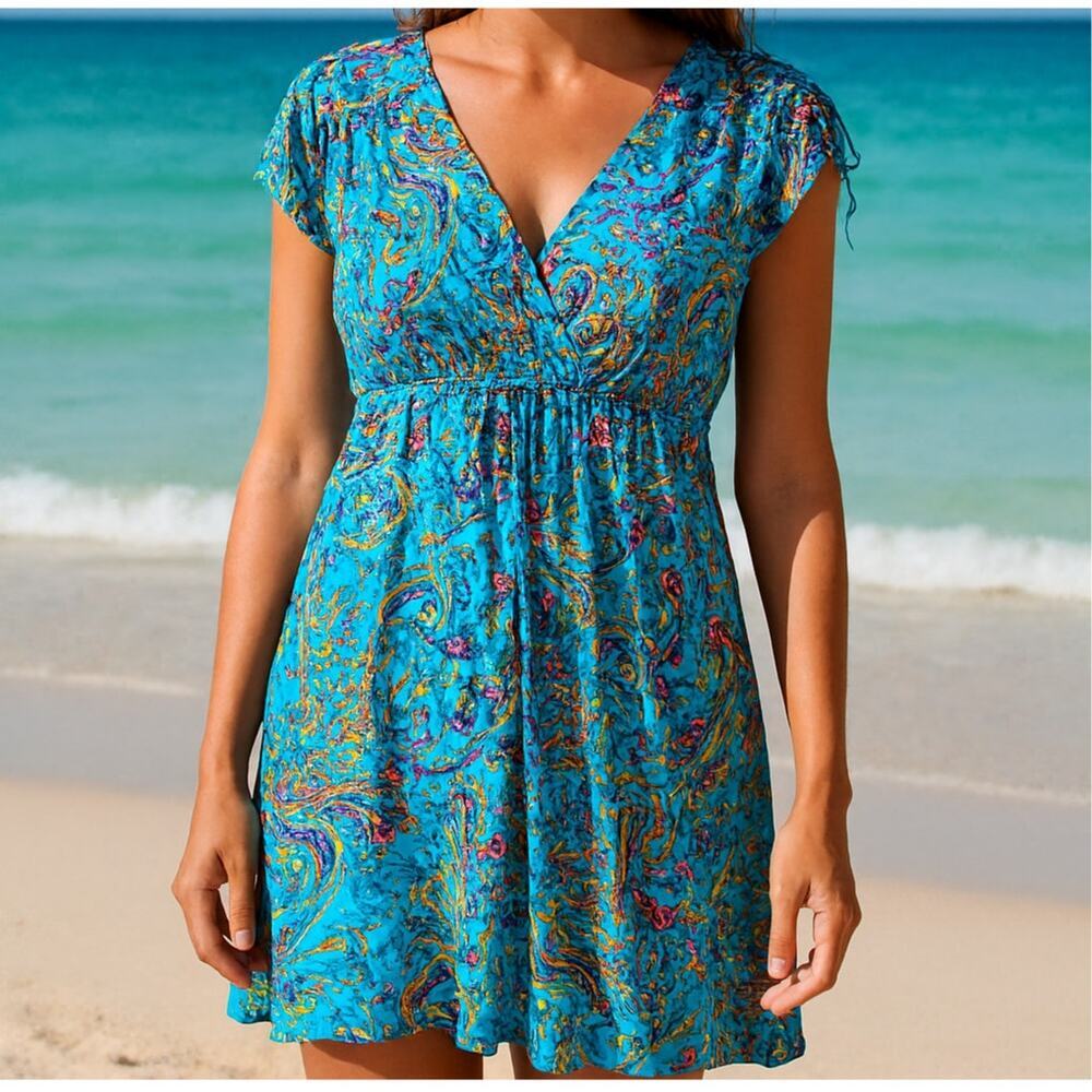 Ralph Laruen Colorful Paisly empire waist mini dress w pockets swim coverup S
